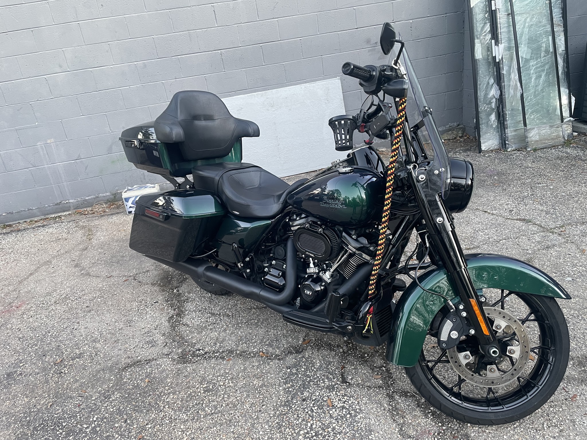 Dark green Harley-Davidson touring bike