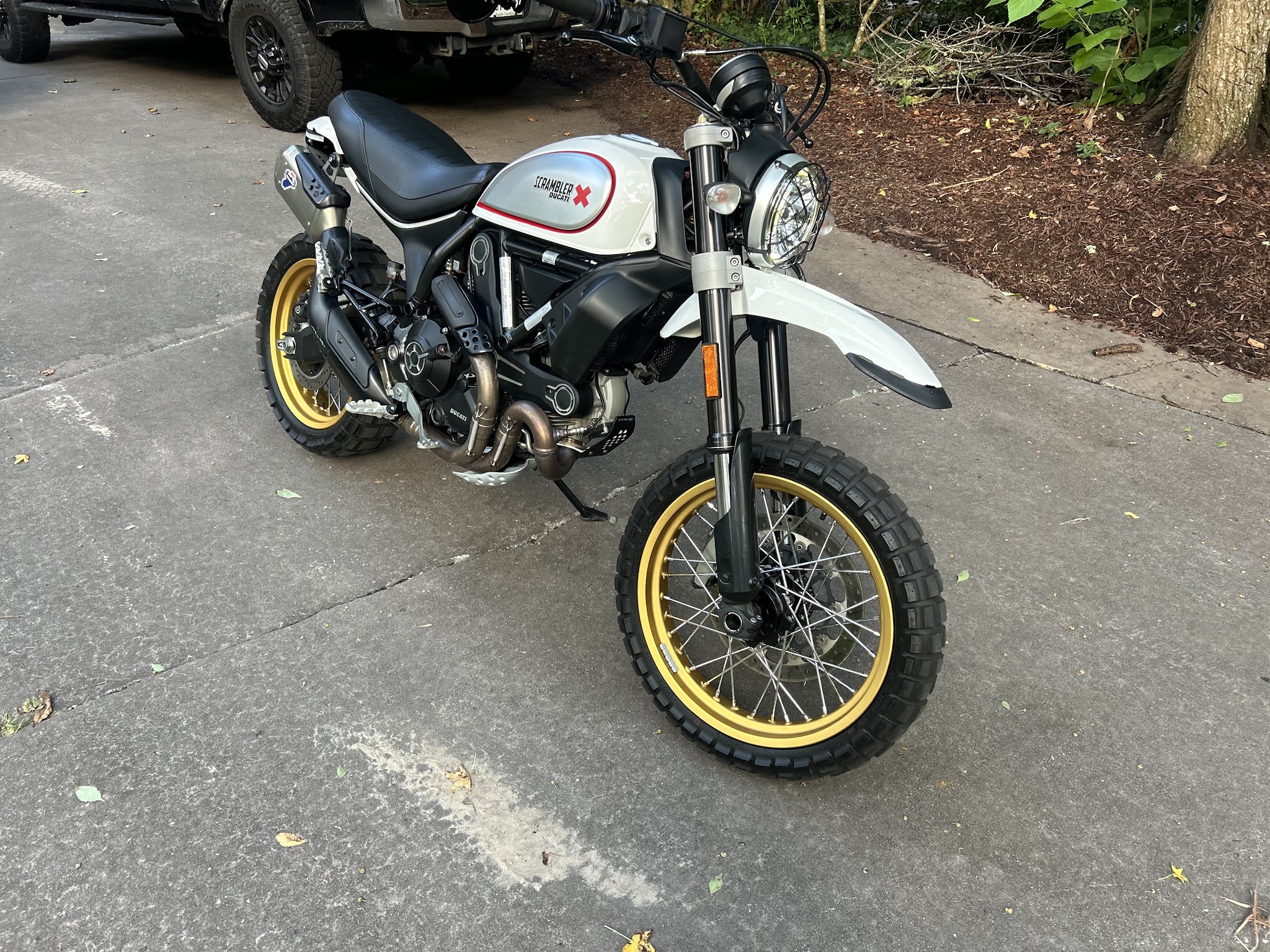 White and black Ducati scrambler with gold wheels